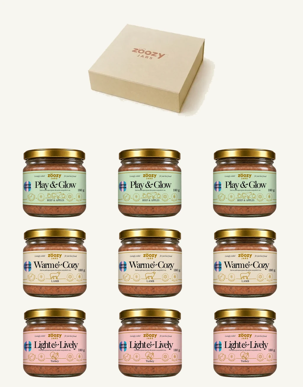 Your first Zoozy box with 9 glass jars of fresh dog food