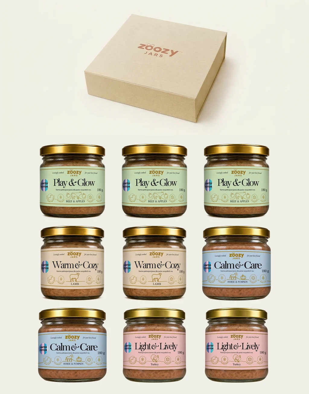 Your first Zoozy box with 9 glass jars of fresh dog food