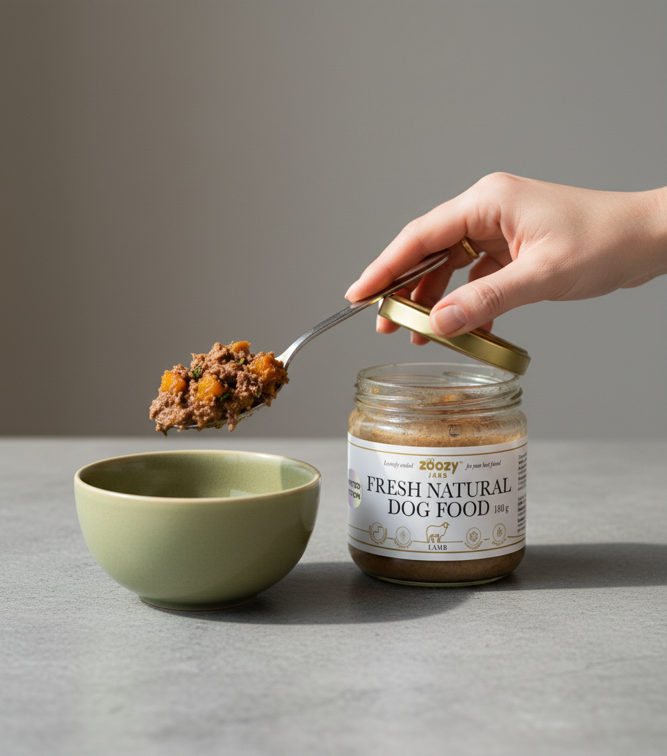 Fresh natural dog food being served with a spoon